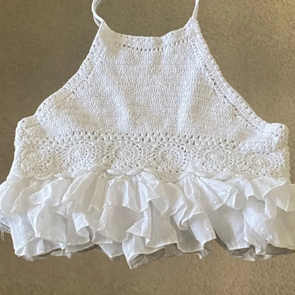 American Eagle White Crochet Halter Top